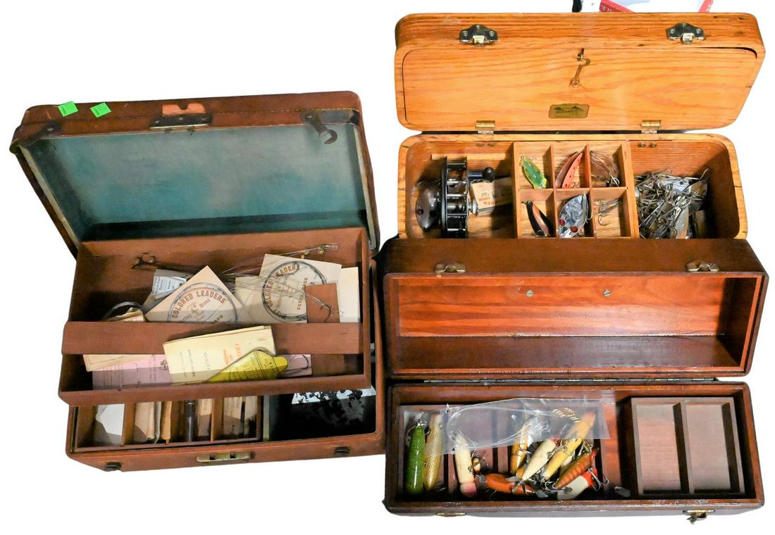 Three Vintage Tackle Boxes: Three Vintage Tackle Boxes, to include one leather marked Edward Mitchell, Buffalo, New York; two wooden, all having vintage tackle. Provenance: Estate of Peter Tillou, Litchfield, Connecticut.