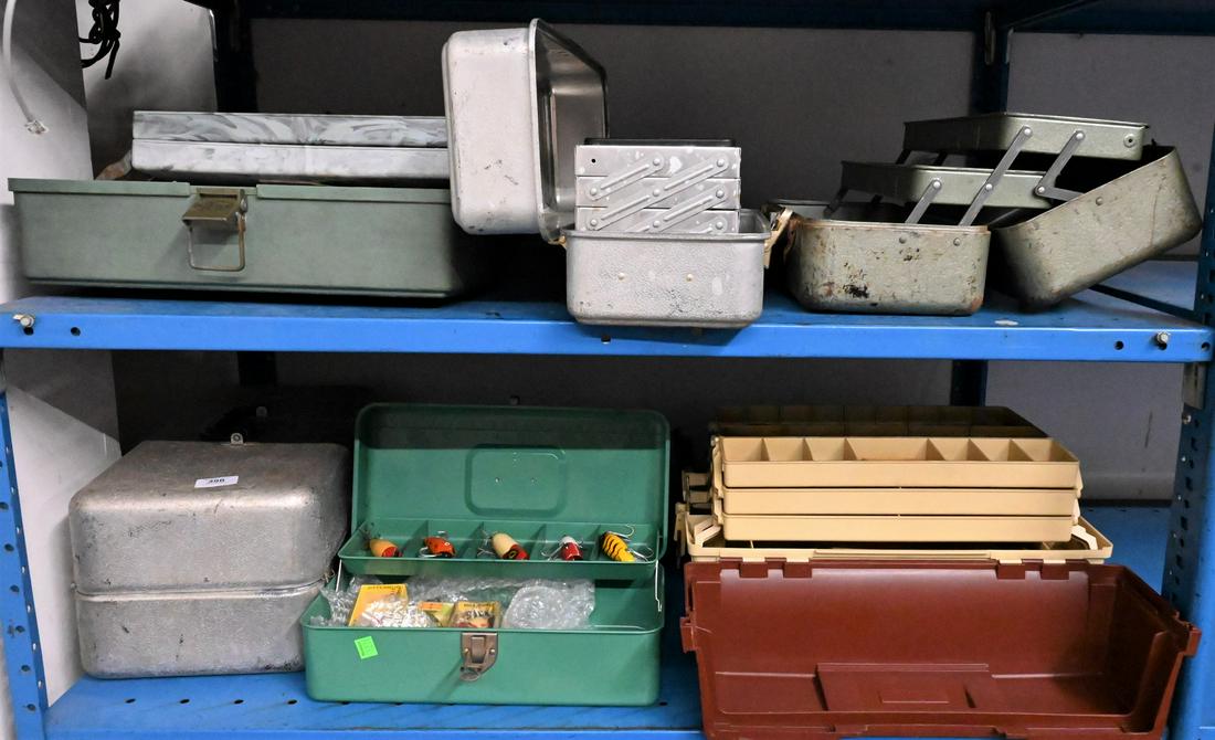 Six Tackle Boxes: Six Tackle Boxes, filled with various lures, bait, along with other fishing gear. Provenance: Estate of Peter Tillou, Litchfield, Connecticut.