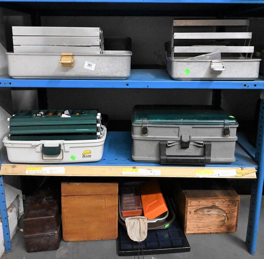 Seven Tackle Boxes: Seven Tackle Boxes, filled with various fishing lures, bait, along with assorted gear. Provenance: Estate of Peter Tillou, Litchfield, Connecticut.