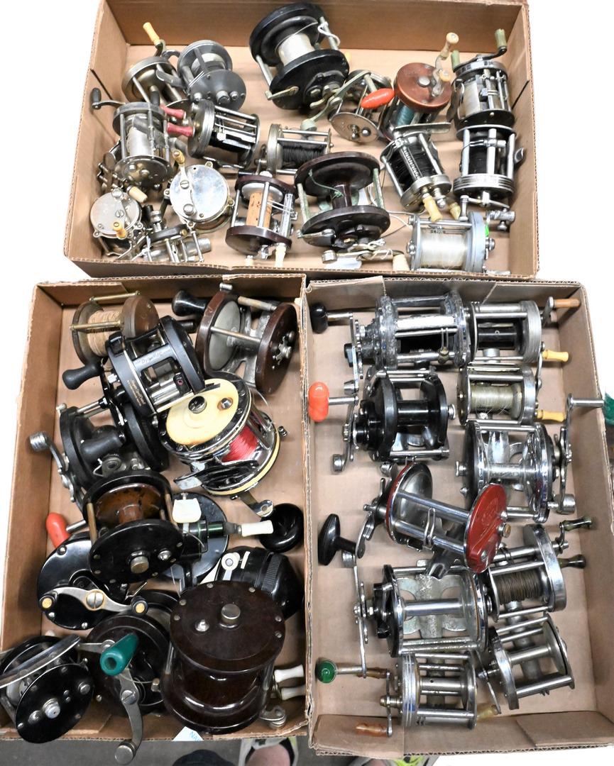 Group of Approximately 41 Baitcasters: Group of Approximately 41 Baitcasters, brands include Penn, Red River, Mitchell, Pflueger, etc. Provenance: Estate of Peter Tillou, Litchfield, Connecticut.