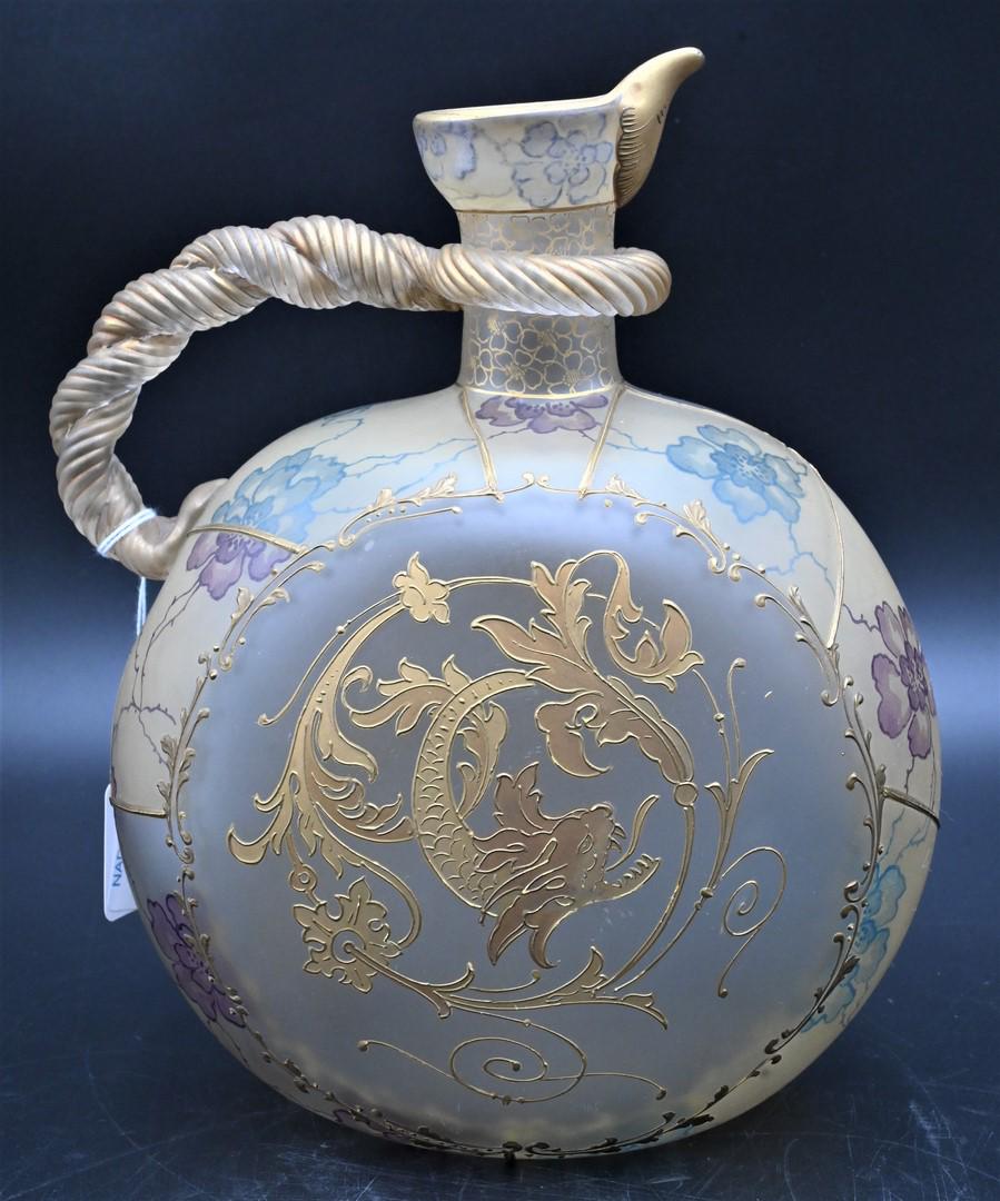 Mt. Washington Royal Flemish Glass Handled Ewer: Mt. Washington Royal Flemish Glass Handled Ewer, having gold dragon, painted flowers, rope and twist handle, height 9 1/4 inches. Provenance: From the Estate of Elwyn W. Lemon, Enfield, Connecticut.