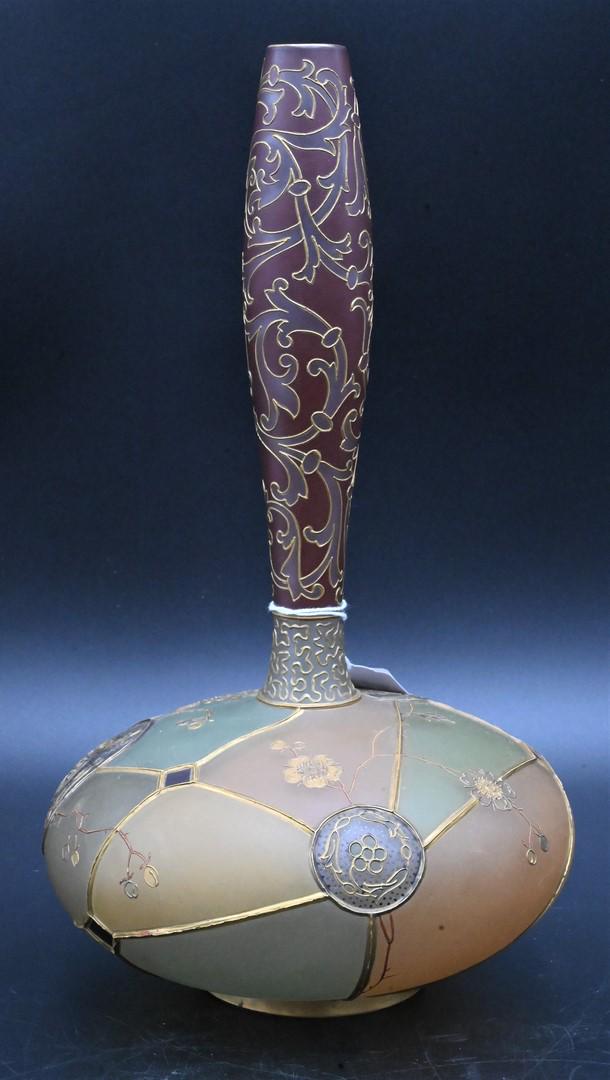 Mt. Washington Royal Flemish Glass Vase: Mt. Washington Royal Flemish Glass Vase, dragon head motif, raised gold decoration, chip on foot, height 11 inches. Provenance: From the Estate of Elwyn W. Lemon, Enfield, Connecticut.