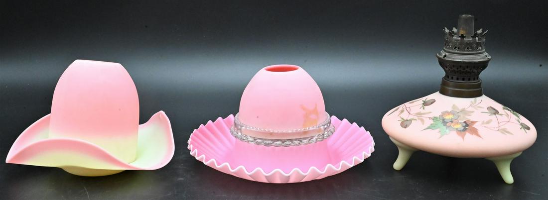 Three Mt. Washington Glass Burmese And Peachblow Fairy Lamps: Three Mt. Washington Glass Burmese And Peachblow Fairy Lamps, height 6 inches. Provenance: From the Estate of Elwyn W. Lemon, Enfield, Connecticut.