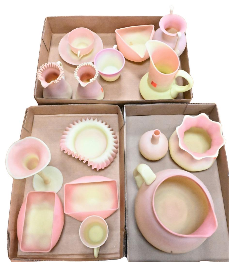Three Box Lots Of Mt. Washington Burmese Glass Peach Blow: Three Box Lots Of Mt. Washington Burmese Glass Peachblow. Provenance: From the Estate of Elwyn W. Lemon, Enfield, Connecticut.