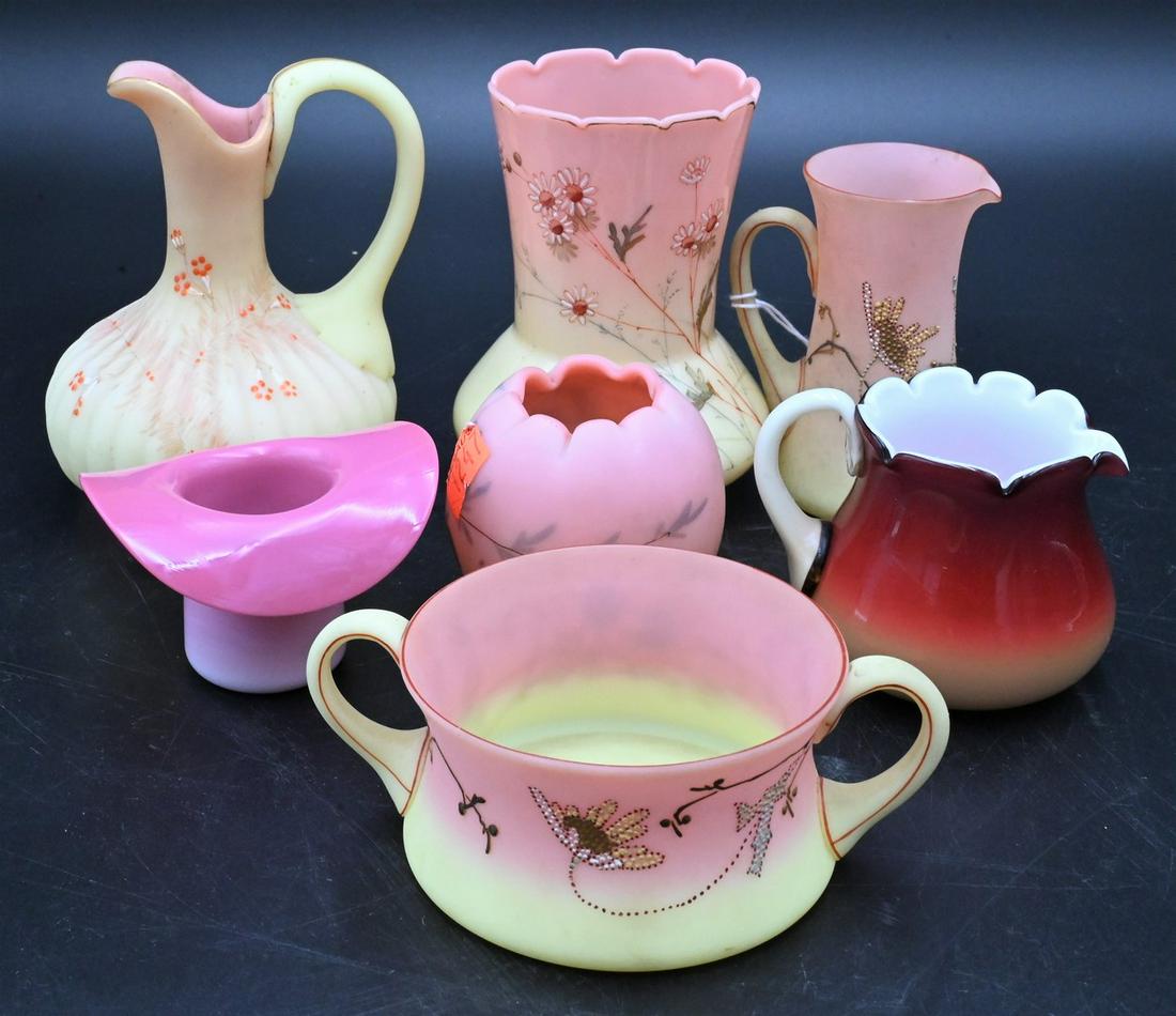 Seven Mt. Washington Burmese and Peach Blown Glass Pieces (1 of 4)
