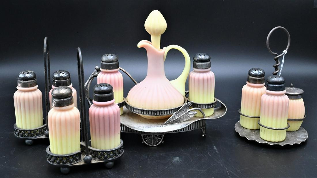 Four Mt. Washington Glass Burmese Condiment Sets (1 of 4)