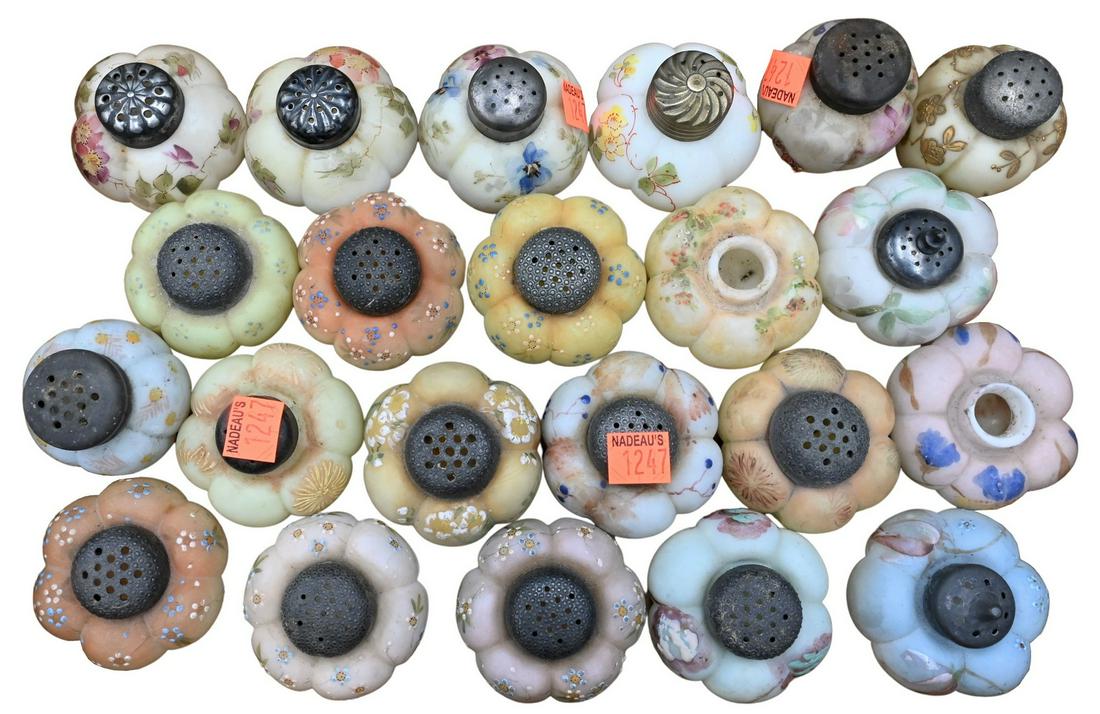Group of Mt. Washington Glass Salt and Pepper Shakers: Group of Mt. Washington Glass Salt and Pepper Shakers, lobed melon or tomato form, paint decorated with flowers. Provenance: From the Estate of Elwyn W. Lemon, Enfield, Connecticut.