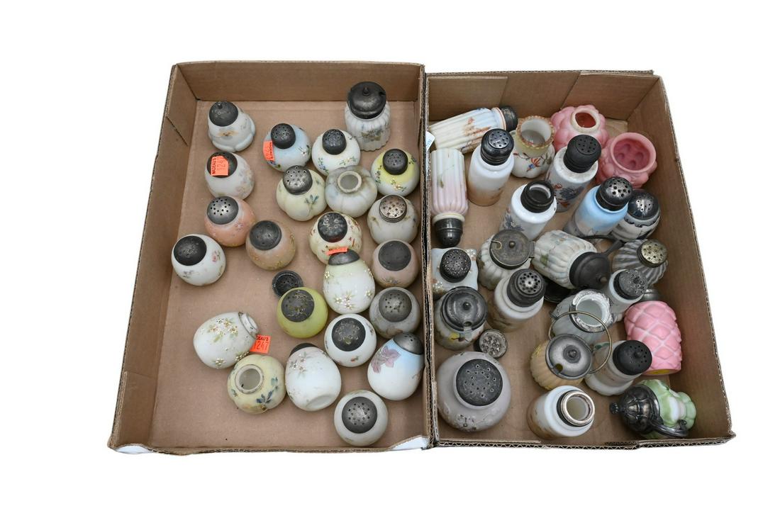 Two Box Lots of Mt. Washington Glass Salt and Pepper Shakers: Two Box Lots of Mt. Washington Glass Salt and Pepper Shakers. Provenance: From the Estate of Elwyn W. Lemon, Enfield, Connecticut.