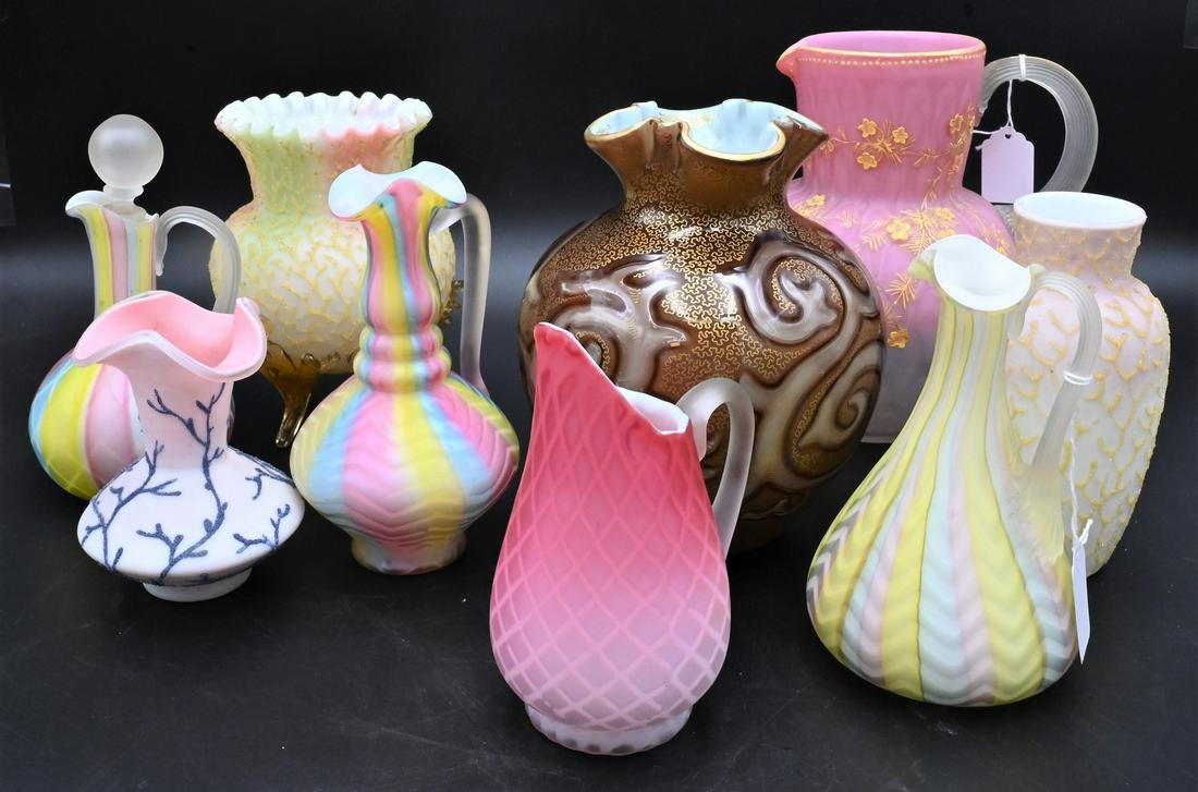 Nine Piece Group of Art Glass: Nine Piece Group of Art Glass, to include a Loetz octopus vase, having brown and gold decoration with ruffle rim ding on side, along with three Coralene vases, along with Fenton, Feder Zeichnen vase a