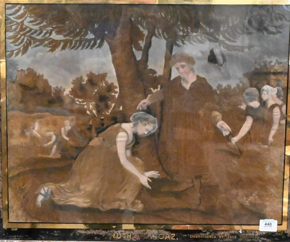 Jane Dashiell: Jane Dashiell, Ruth and Boaz, landscape, watercolor and silk embroidered needlework, (as is), 22" x 24".