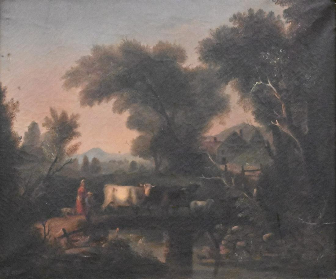 Continental School: Continental School, farm landscape, having figures and animals, oil on canvas, 18th century or later, 25" x 30". Provenance: Estate of Florence Yannios, Cheshire, CT.