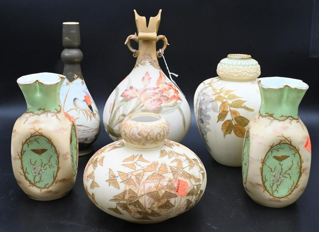 Six Mt. Washington Glass Vases: Six Mt. Washington Glass Vases, to include a pair of butterfly square panel vases, having raised gold and flowers, tallest 11 1/2 inches. Provenance: From the Estate of Elwyn W. Lemon, Enfield, Connec
