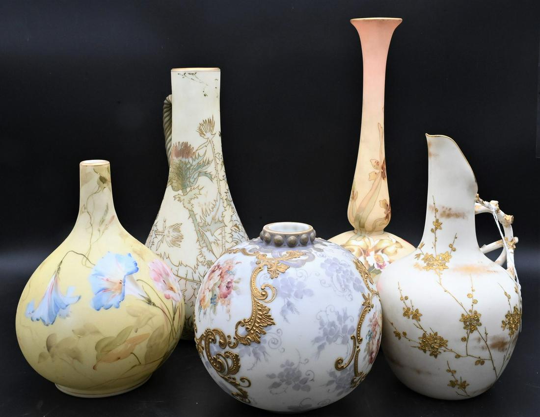 Five Mt. Washington Glass Piece: Five Mt. Washington Glass Pieces, to include two ewers having handles, along with three vases, raised gold and painted flowers, tallest 14 1/2 inches. Provenance: From the Estate of Elwyn W. Lemon, En