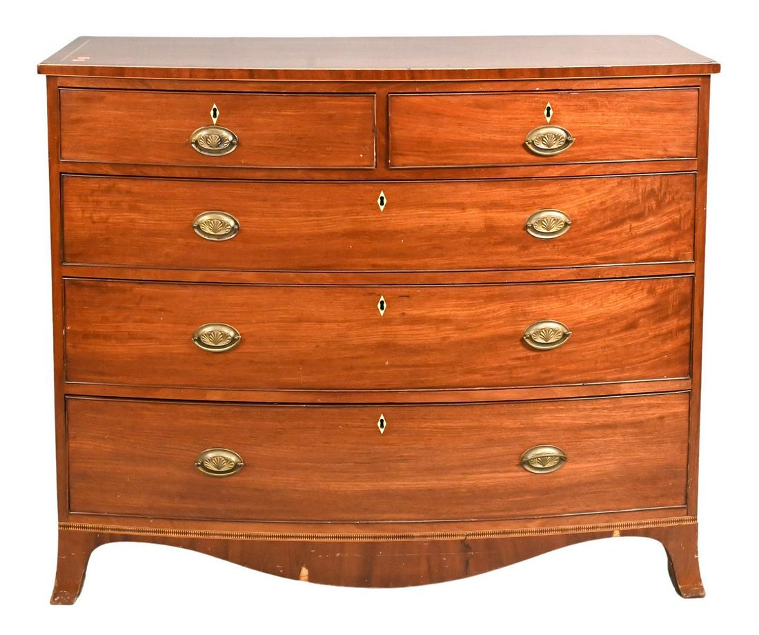 George III Mahogany Swell Front Chest: George III Mahogany Swell Front Chest, circa 1800, (two small chips in top), height 39 inches, top 22" x 47".