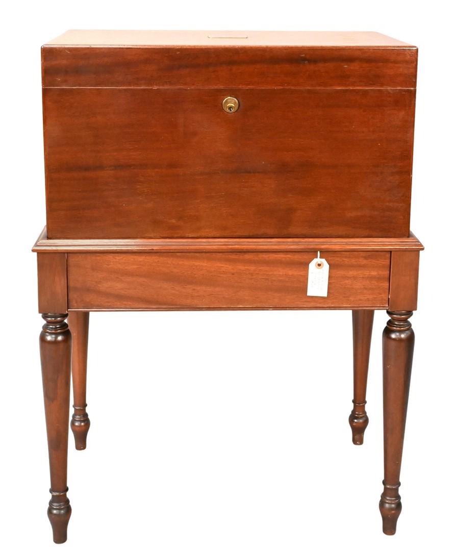 Benson and Hedges Mahogany Humidor Box: Benson and Hedges Mahogany Humidor Box, having lift top on base with drawer, "DAH" on brass plaque, height 37 inches, top 14 1/4" x 25 1/4".