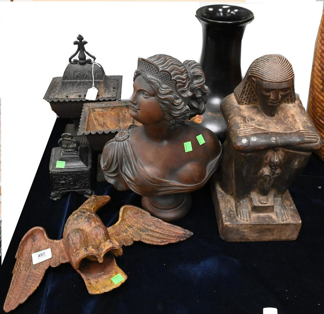 Assorted Group of Iron: Assorted Group of Iron, to include cast iron eagle, two planters, along with a small box, along with a carved wood bust of a Victorian woman, Provenance: Estate of Peter Tillou, Litchfield, Connecticu