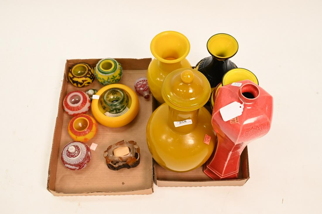 Two Box Lots of Chinese Peking Style Cut Glass: Two Box Lots of Chinese Peking Style Cut Glass, to include yellow and red vases, red and white cut to clear, along with an agate brush pot.