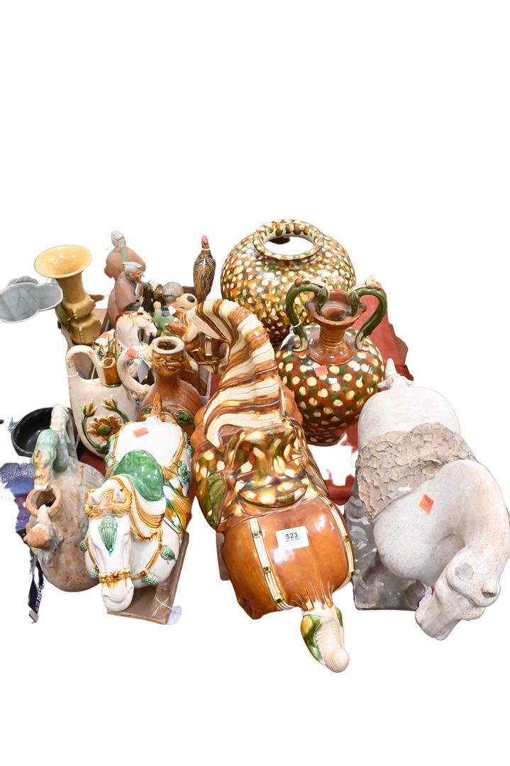 Group of Pottery Tarq Style Glazed And Unglazed Horses, Two Brown, Green And White Glazed Vases, (1 of 6)