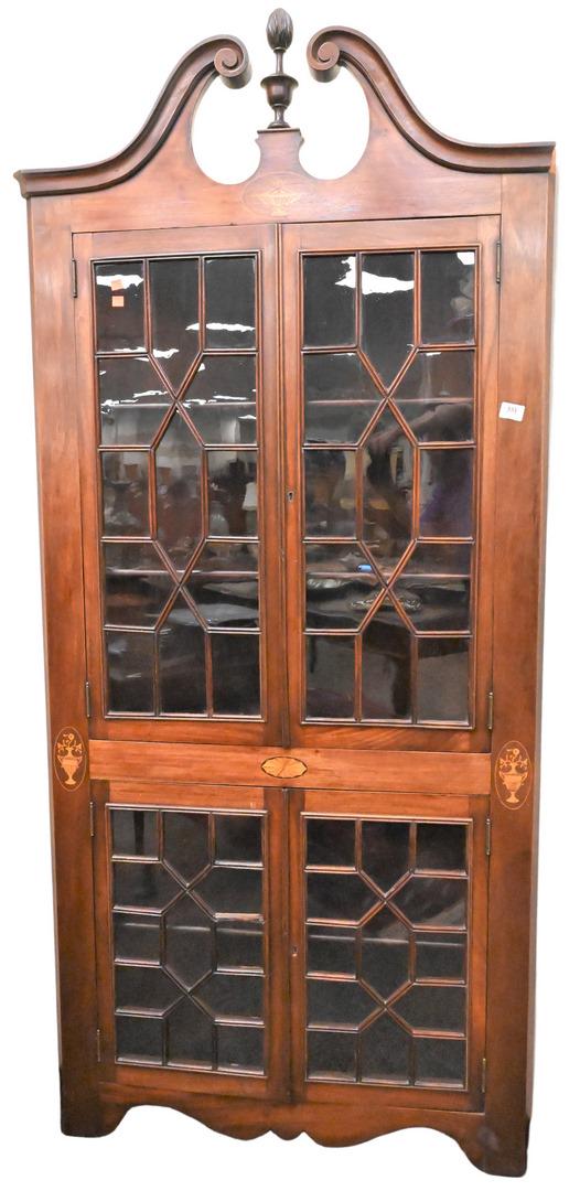 Mahogany Corner Cabinet: Mahogany Corner Cabinet, having four glazed doors, height 82 inches, width 36 inches.