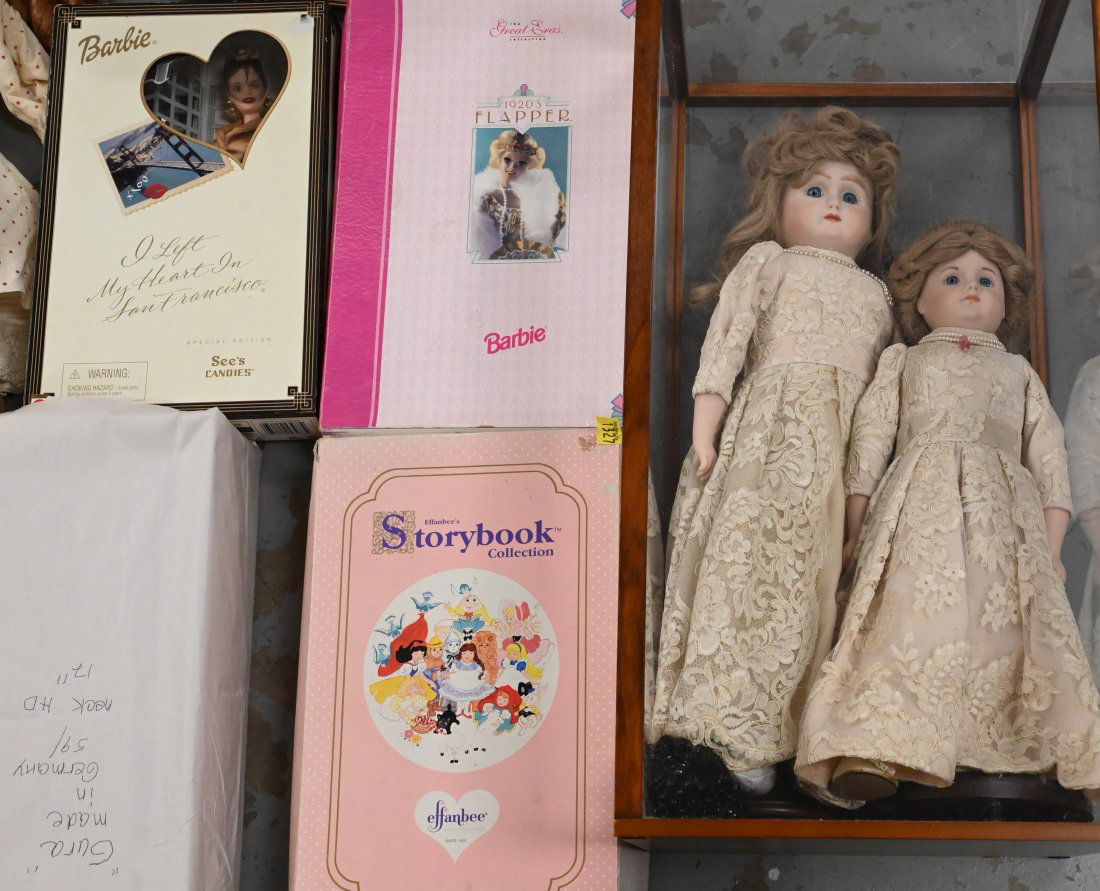 Large Lot of Dolls: Large Lot of Dolls, to include 2 Barbie dolls, June and Julie, German made Bisanz, including Armand Marseille, along with a pair of 1990's ice skates and wind up toys