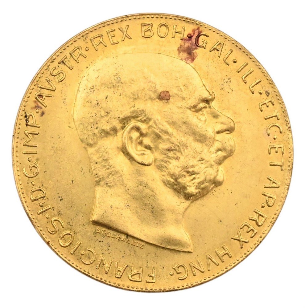 1915 100 Corona Austrian Gold Coin: 1915 100 Corona Austrian Gold Coins, marked C Corona Francois, .100 cor. , 33.9 grams.