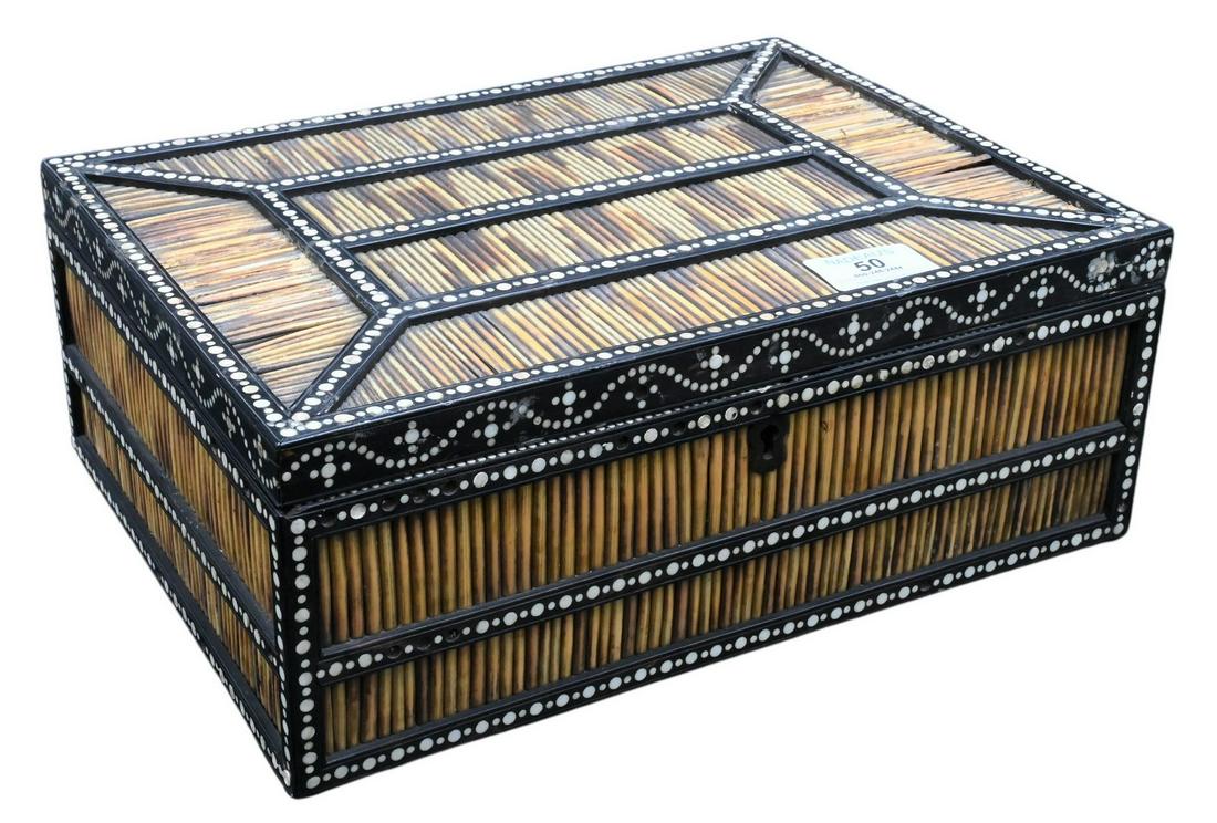 Anglo Indian Lift-top Box: Anglo Indian Lift-top Box, having quill and bone inlay, length 12 1/4 inches.