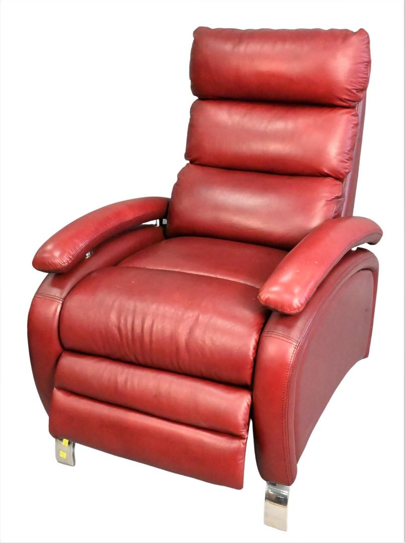 Leather and Chrome Contemporary Reclining Chair: Leather and Chrome Contemporary Reclining Chair, height 42 inches, width 29 inches.