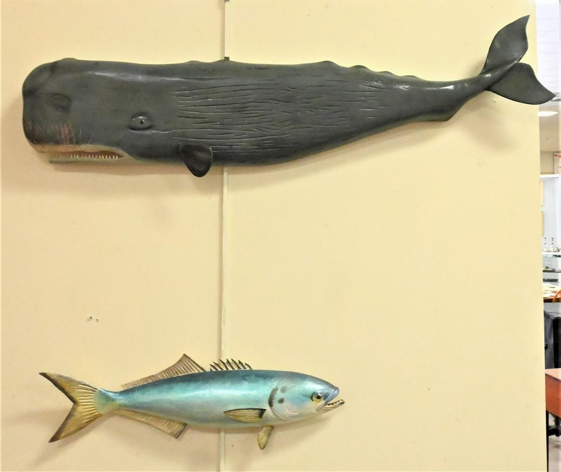 Three William Gallagher Fish Carvings: Three William Gallagher Fish Carvings, to include a model of a 61 foot sperm whale; whale with baby whale on rock; along with a bluefish; longest 35 inches.