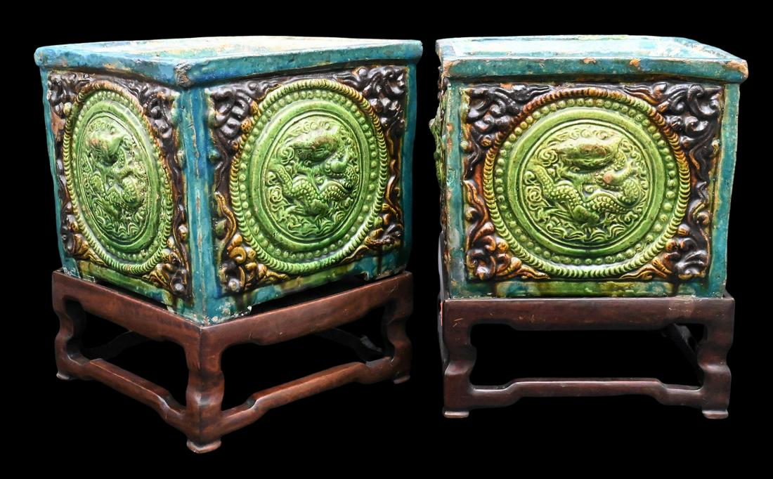 Pair of Small Earthenware Fanua Jardinieres (1 of 6)