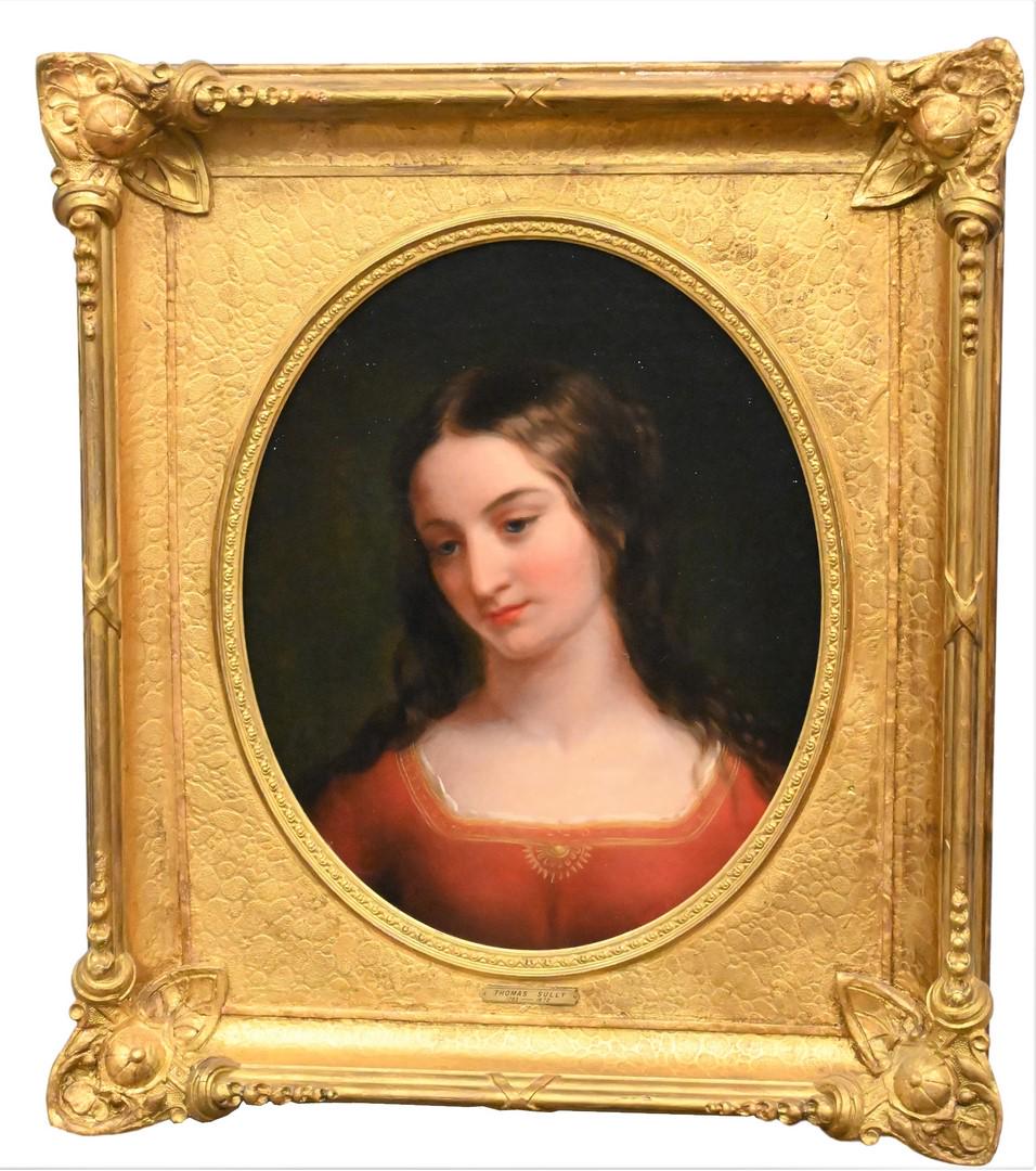 In the Manner of Thomas Sully (1783 - 1872): In the Manner of Thomas Sully (1783 - 1872), oil on canvas, oval portrait of a young woman in a red dress, unsigned, plaque marked Thomas Sully, in Victorian gilt frame, 24" x 20".