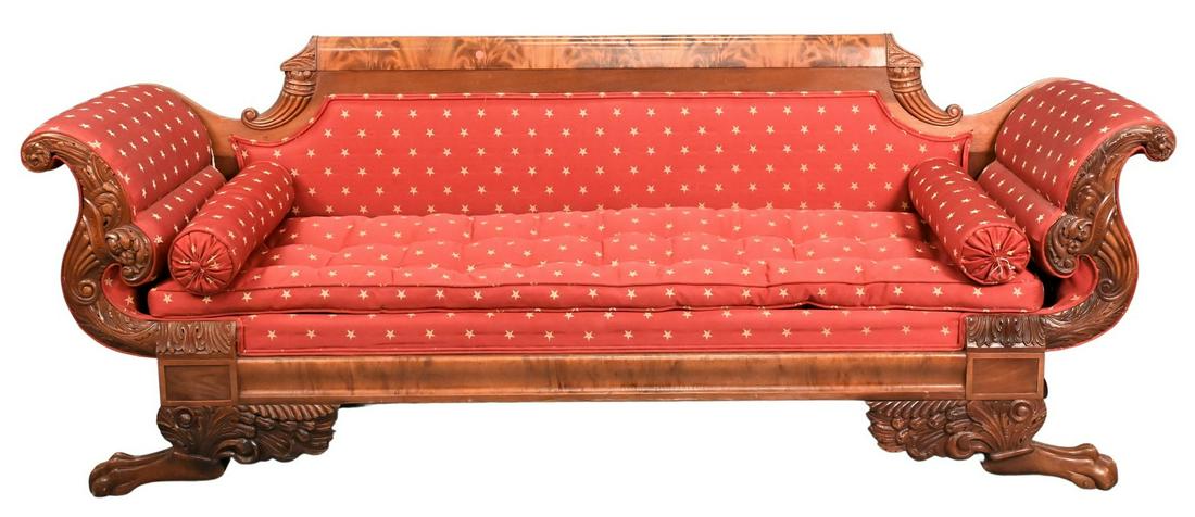 Federal Mahogany Sofa: Federal Mahogany Sofa, having cornucopia carving, along with large paw feet, height 35 inches, length 92 inches. Provenance: Estate of Peter Tillou, Litchfield, Connecticut.