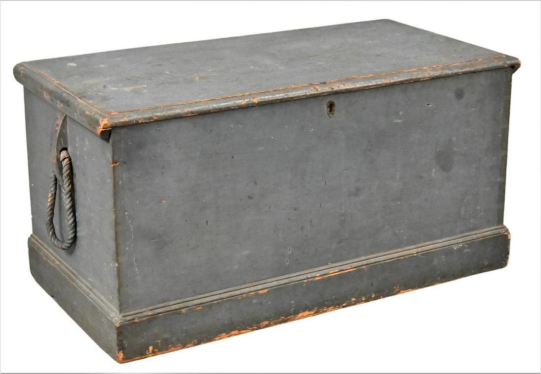 Lift Top Sea Chest: Lift Top Sea Chest, having rope handles and molded base, in old blue paint, height 23 1/2 inches, top 22 1/2" x 45".
