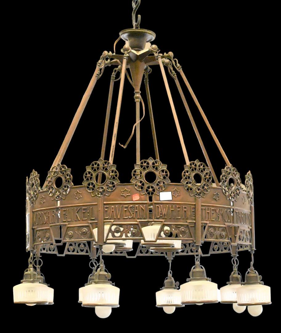 Large Hanging Chandelier: Large Hanging Chandelier, circular form having eight drop frosted shades, "Words are like leaves and where they most abound", height 38 inches, diameter 32 inches.