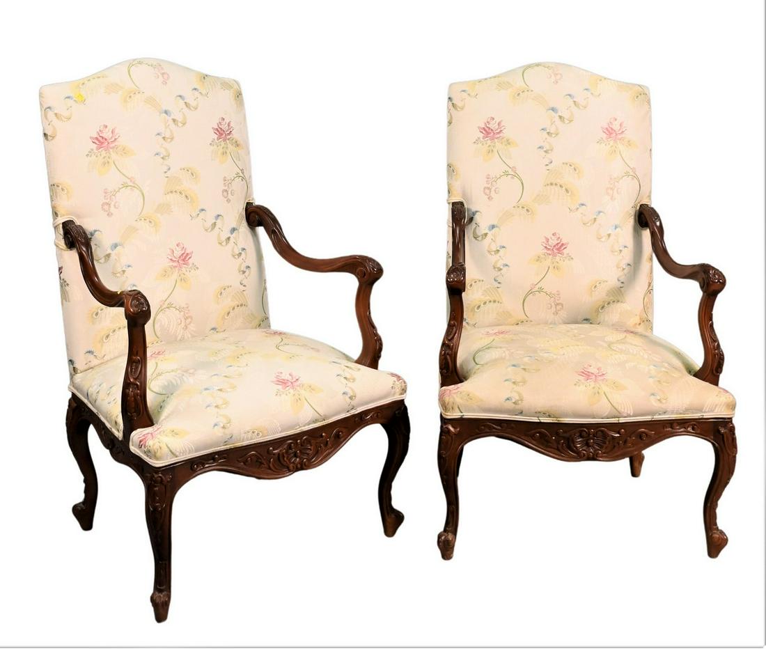 Pair of Louis XV Style Fauteuils: Pair of Louis XV Style Fauteuils, having custom upholstery with silk accents, height 47 inches, width 29 inches.