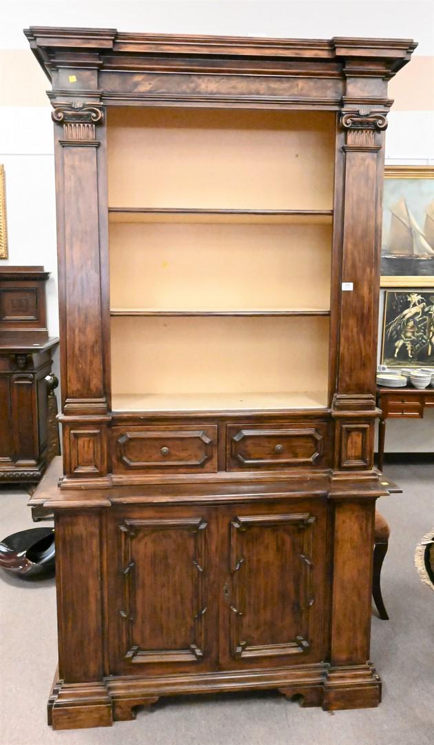 Two Part Cabinet: Two Part Cabinet, having open shelving, top flanked by pillar columns with two drawers over base, having 2 doors, height 89 inches, width 49 1/2 inches, depth 19 inches.