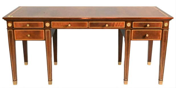 David Linley Custom Inlaid Desk: David Linley Custom Inlaid Desk, having two center drawers flanked by two short drawers over brass inlaid tapered legs, ending in brass capped feet, height 29 1/2 inches, top 27 1/2" x 67".