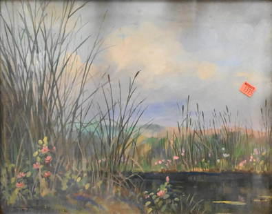 Jean Pfister (1878 - 1949): Jean Pfister (1878 - 1949), marsh with flowers, watercolor and gouache on paper, signed Jean J Pfister lower left, 13 1/2"' x 16 1/2".