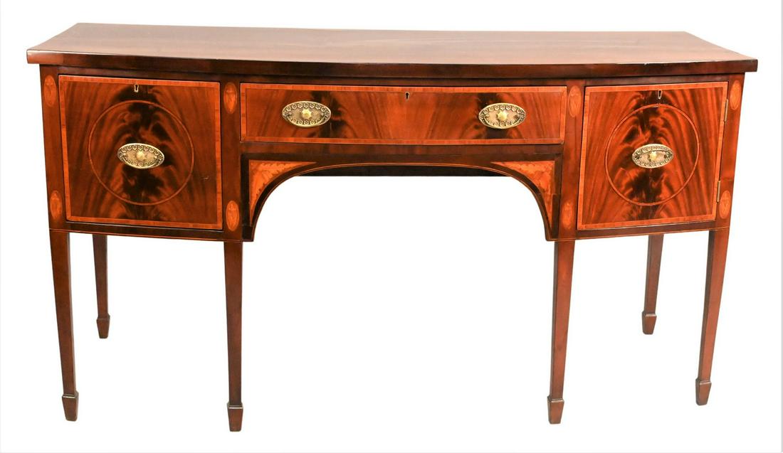 George IV Mahogany Sideboard: George IV Mahogany Sideboard, having leaf inlays, two drawers, one door, circa 1800, height 36 inches, top 26 1/2" x 67".