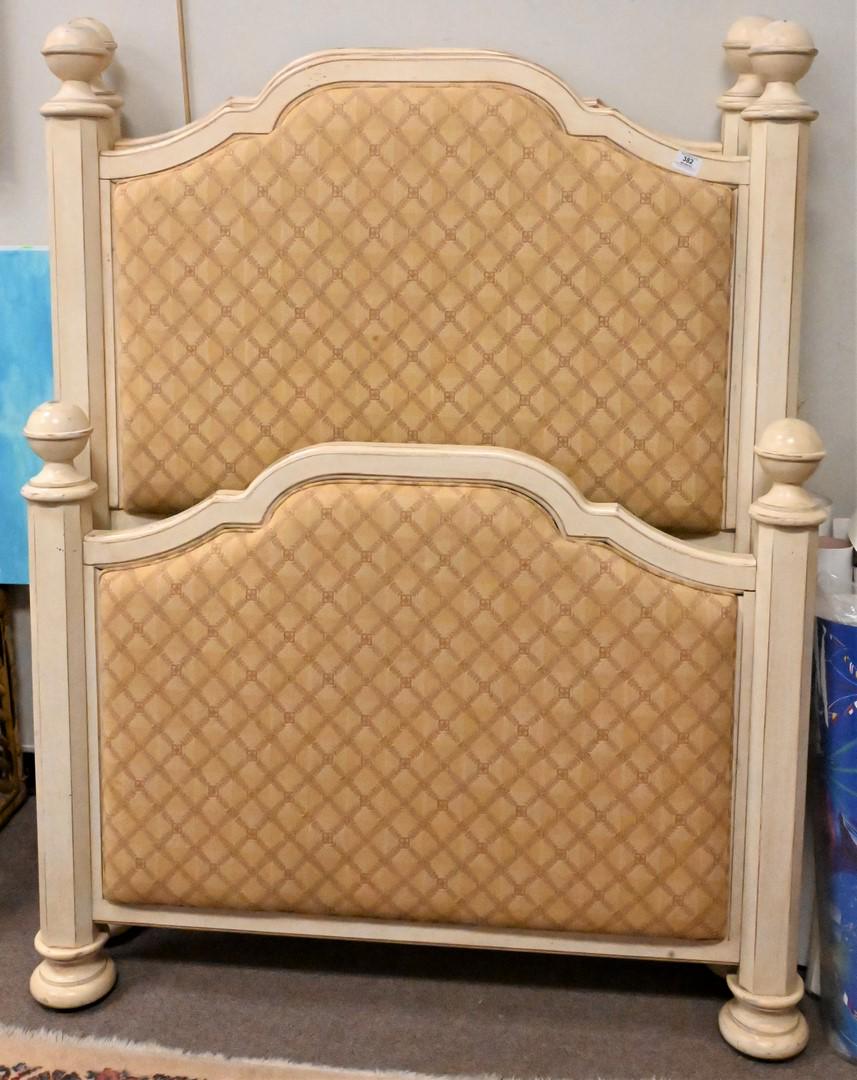 A Pair of Painted and Upholstered Twin Size Beds: A Pair of Painted and Upholstered Twin Size Beds, height 58 inches, width 44 inches.