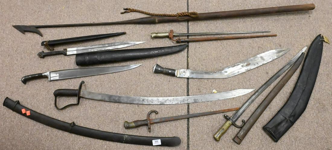 Group of Swords: Group of Swords, Bayonetta and Harpoons, to include a whale harpoon having steel barbed end and wood shaft; officer swords; three bayonets; along with three European swords; longest sword 40 inches, h