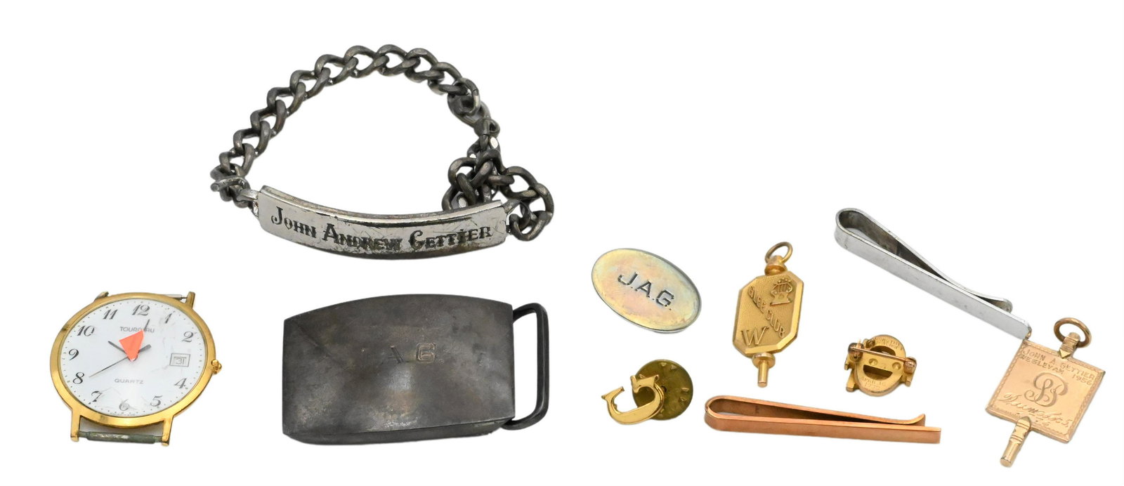 10 Karat Gold with Platinum Ring Lot: 10 Karat Gold with Platinum Ring Lot, to include bracelet, pins, pair of cufflinks approximately 40 grams, along with sterling silver in Mark Cross jewelry box.**PLEASE NOTE** For first time buyerâ��