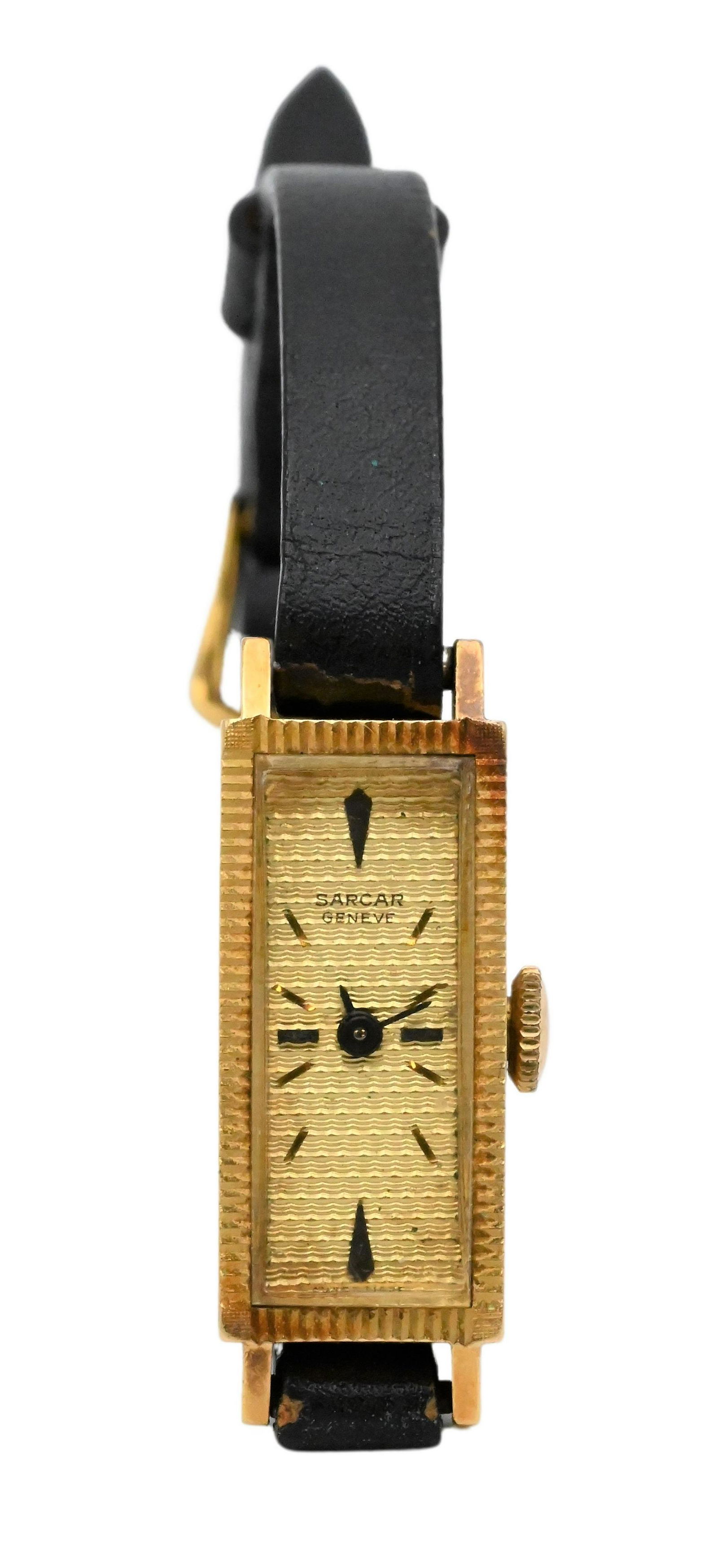 Sarcar 18 Karat Yellow Gold Ladies Wristwatch: Sarcar 18 Karat Yellow Gold Ladies Wristwatch, length 7 1/2 inches.**PLEASE NOTE** For first time buyerâ€™s with our auction gallery, we do not accept credit cards or checks for jewelry, gold or