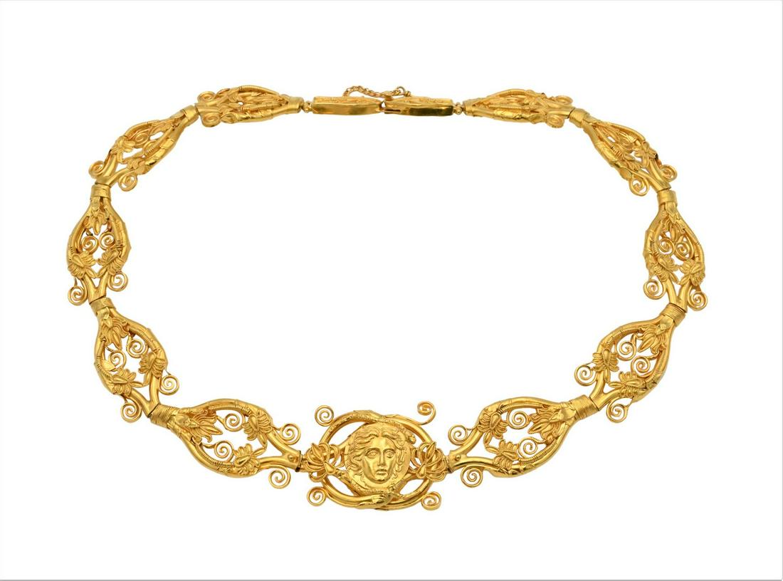 22 Karat Yellow Gold Necklace: 22 Karat Yellow Gold Necklace having female face along with openwork links, made in Greece makers mark on clasp length 18 inches, 120 grams Condition: good condition