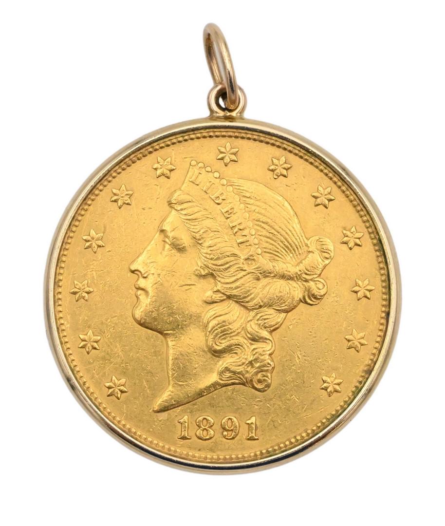 Twenty Dollar Liberty Gold "1891 S": Twenty Dollar Liberty Gold "1891 S" mounted in ring for medallion total weight 36 grams *Please Note* Available condition reports and/or additional photos for this lot are on our website by visiting t
