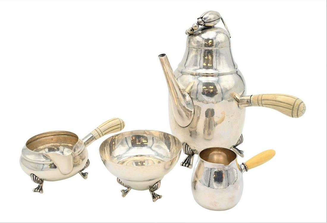 Four Piece Lot Danish Style Three Piece Handmade Sterling Silver Tea Set (1 of 7)