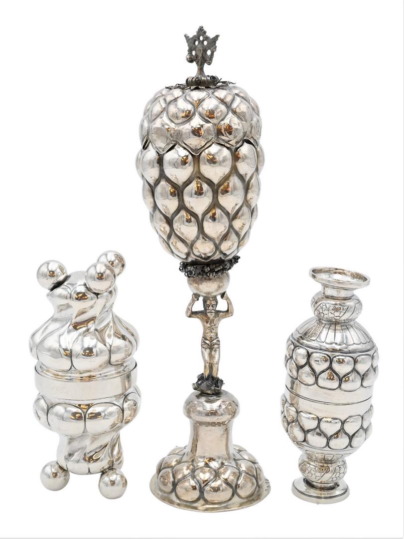 Five Piece German Silver Group: Five Piece German Silver Group to include a figural chalice or stem cup with cover, marked on base along with two pairs of fitted double wine or beaker cups on pineapple form with round footed base to