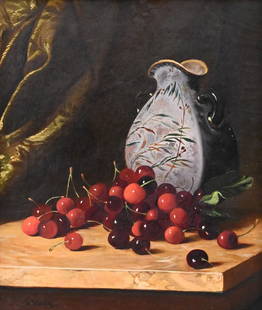 Andrew John Henry Way (1826 - 1888): Andrew John Henry Way (1826 - 1888) "Cherries" still life oil on canvas signed lower left AJH Way 14" x 12" The Charleston Renaissance Gallery label on back. *Please Note* Available condition reports