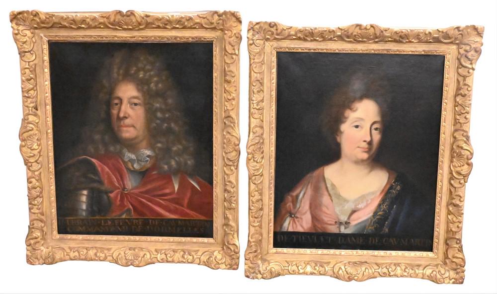 A Pair of Portraits: A Pair of Portraits to include circle of Robert Levrac-Tournieres (1667 - 1752) portrait of Commander Urbain LefÃ¨vre de Caumartin along with a companion portrait of his wife each inscribed lower ma
