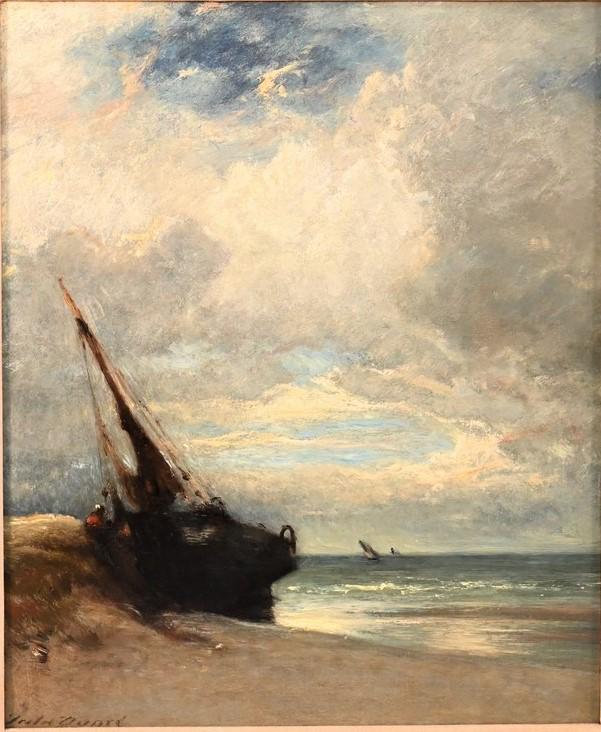 Jules Dupre (1811 - 1889): Jules Dupre (1811 - 1889) "A Beached Fishing Boat" oil on canvas signed Jules Dupre lower left 22" x 18" Provenance: Christie's New York, May 24, 1989, sale #6846, lot 280, old paper label on back. Es