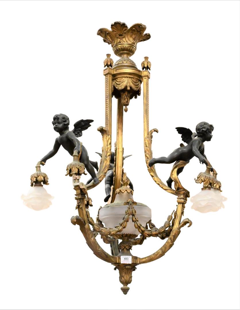 Large Figural Bronze Hanging Light Chandelier (1 of 6)